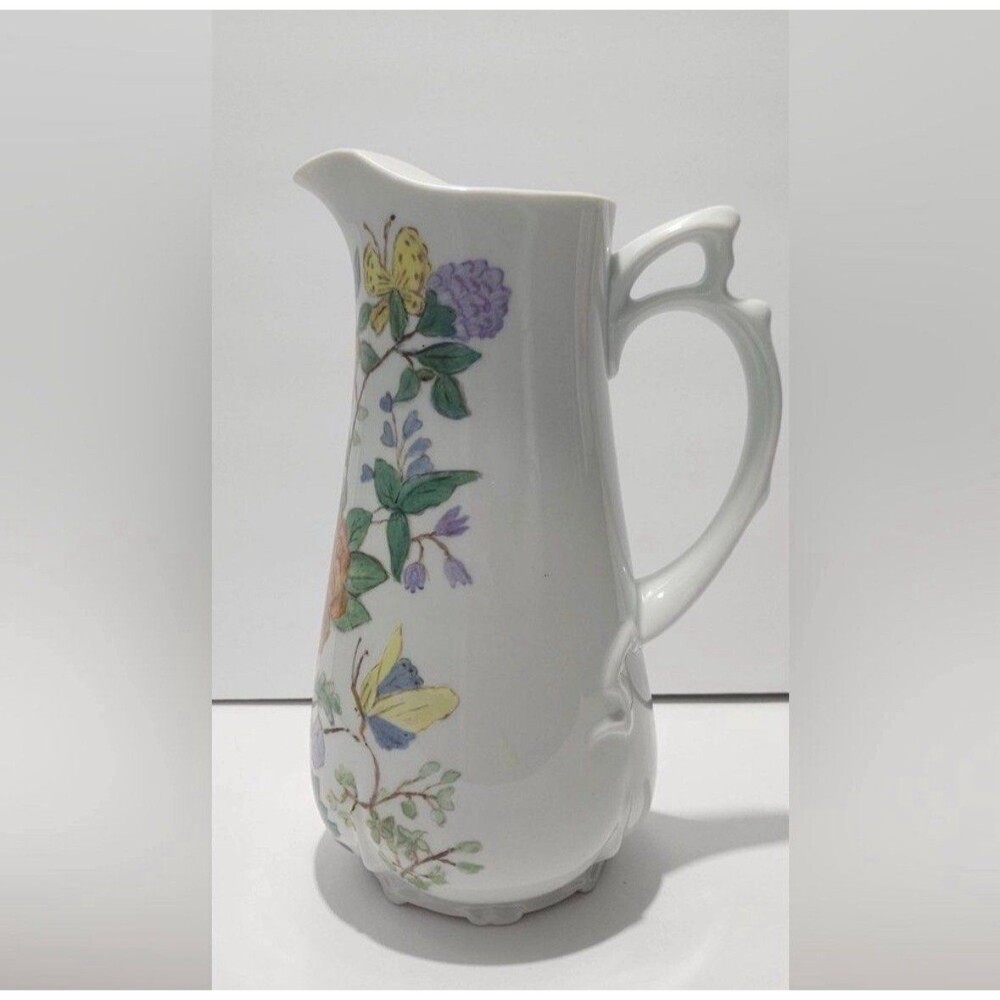 White Porcelain Pitcher Floral Butterfly Design 10 In Cottagecore Vase